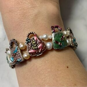 Handbag Purse Enamel Charm Genuine Pearl Stretch Bracelet